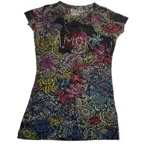 Go Jeans Los Angeles Medium Cap Sleeve Embellished Floral Print Knit Top Casual